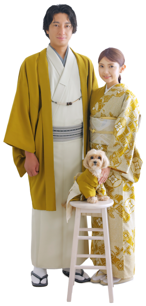 着物を着ている犬と家族