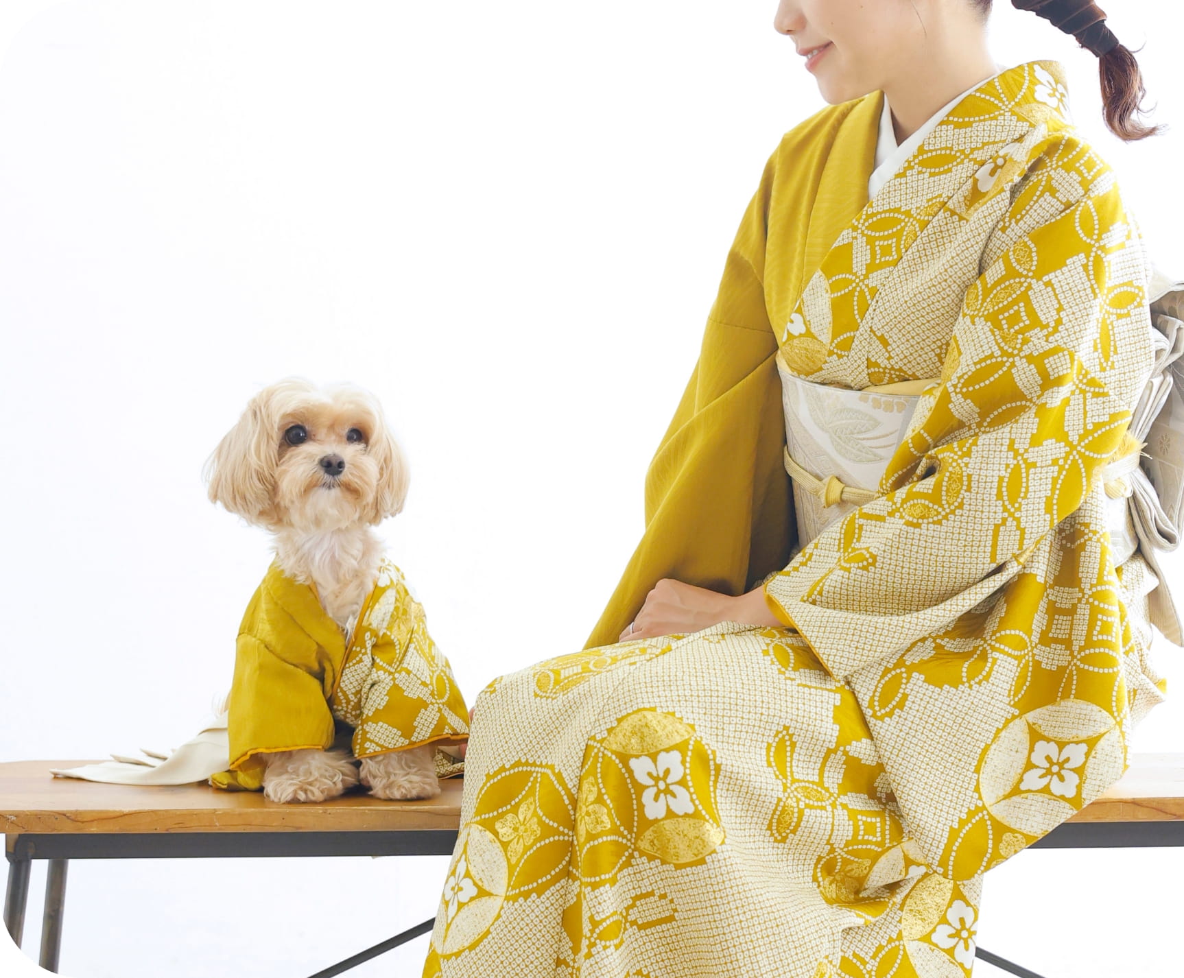 着物を着ている家族と犬